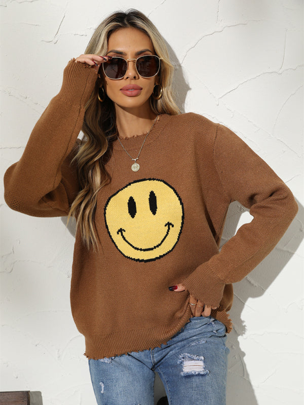 Sweaters- Ripped Knitting Smiley Face Graphic Sweater- - Pekosa Women Clothing