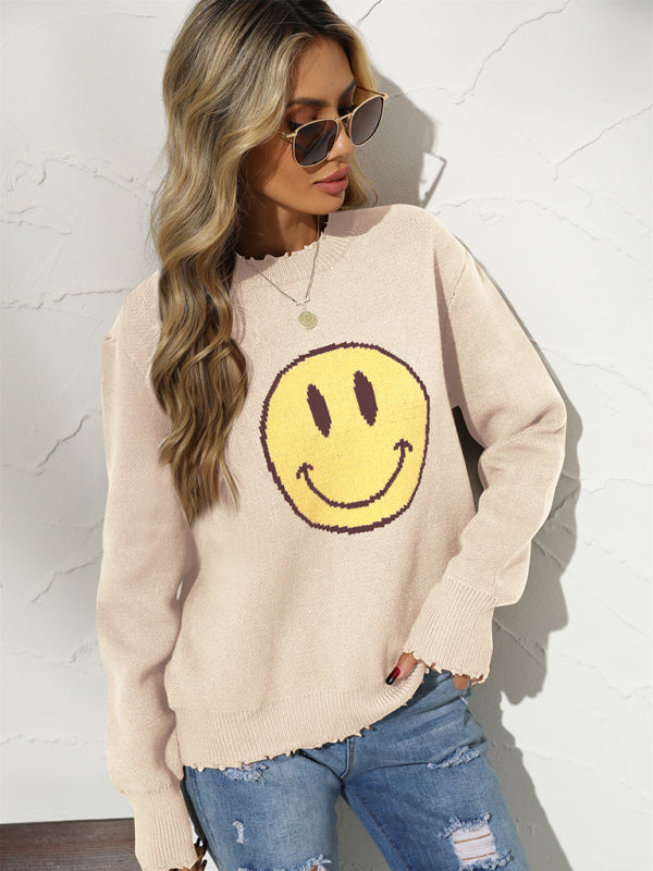 Sweaters- Ripped Knitting Smiley Face Graphic Sweater- - Pekosa Women Clothing