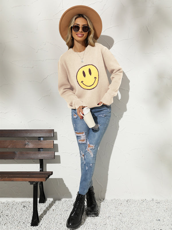 Sweaters- Ripped Knitting Smiley Face Graphic Sweater- - Pekosa Women Clothing