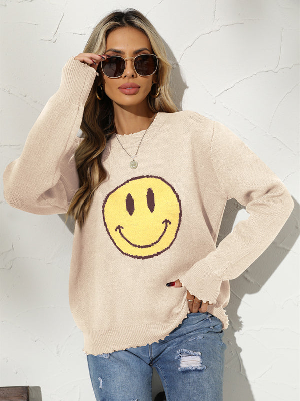 Sweaters- Ripped Knitting Smiley Face Graphic Sweater- - Pekosa Women Clothing