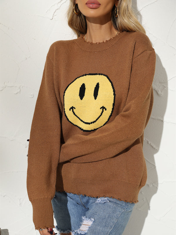 Sweaters- Ripped Knitting Smiley Face Graphic Sweater- - Pekosa Women Clothing