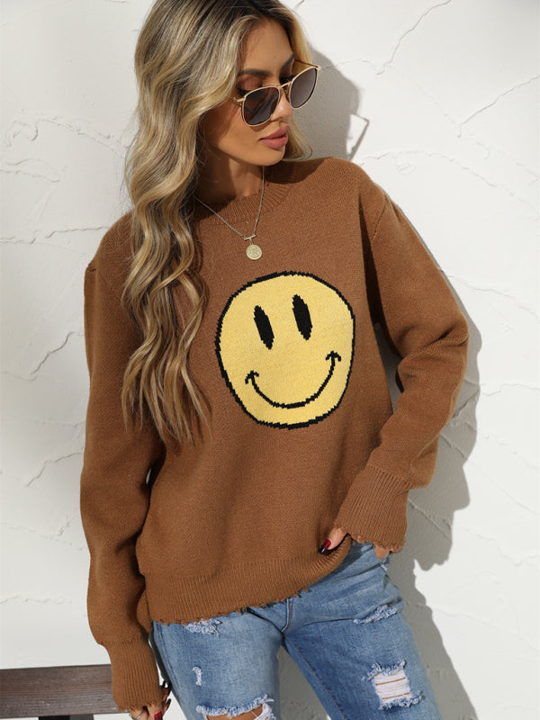 Sweaters- Ripped Knitting Smiley Face Graphic Sweater- - Pekosa Women Clothing