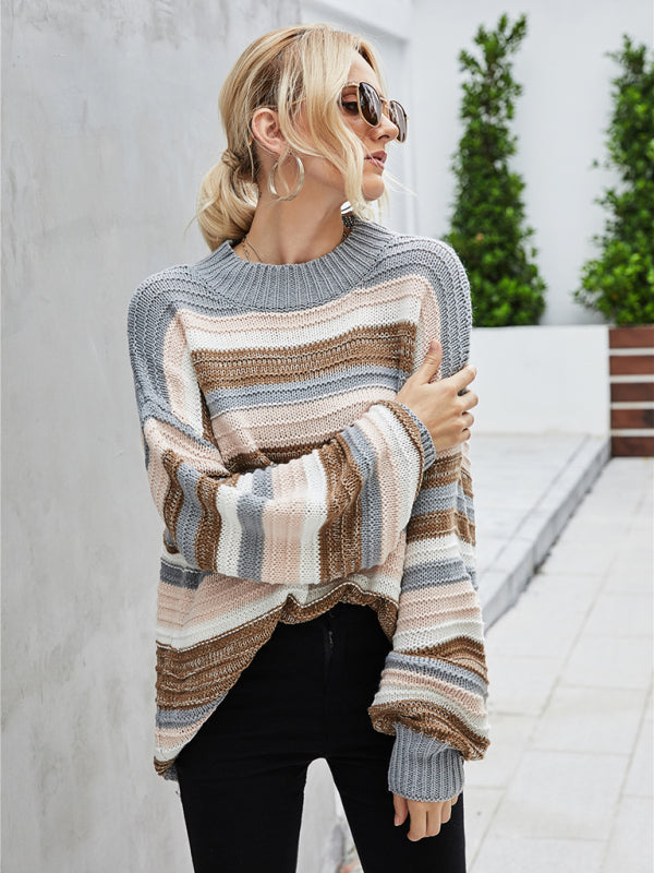 Sweaters- Slouchy Drop Shoulder Stripe Knitted Oversized Sweater- - Pekosa Women Clothing