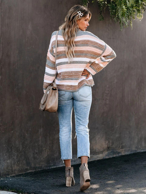 Sweaters- Slouchy Drop Shoulder Stripe Knitted Oversized Sweater- - Pekosa Women Clothing