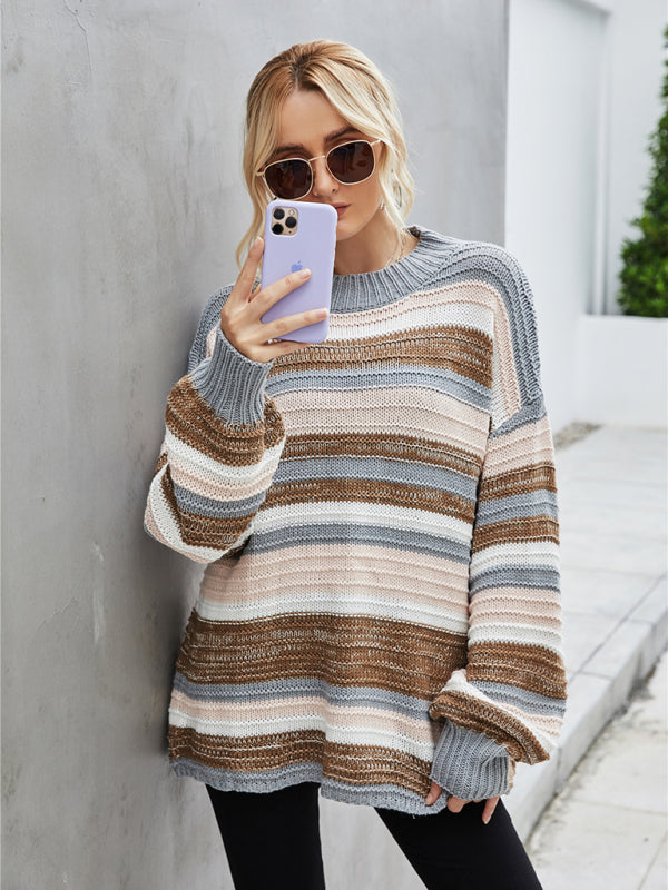 Sweaters- Slouchy Drop Shoulder Stripe Knitted Oversized Sweater- - Pekosa Women Clothing