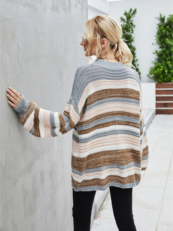 Sweaters- Slouchy Drop Shoulder Stripe Knitted Oversized Sweater- - Pekosa Women Clothing