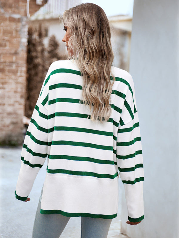 Sweaters- Slouchy Striped Drop Shoulder Turtleneck Sweater- - Pekosa Women Clothing