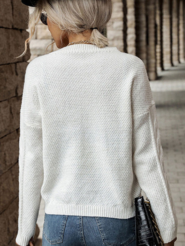 Sweaters- Solid Knitted Cable Drop Shoulder Sweater- - Pekosa Women Clothing