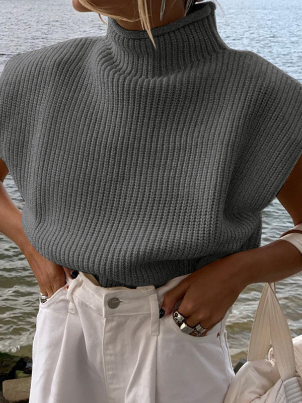 Sweaters- Solid Knitted Turtleneck Dolman Cap Sleeve Sweater Top- Grey- Pekosa Women Clothing