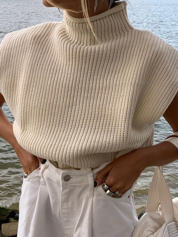 Sweaters- Solid Knitted Turtleneck Dolman Cap Sleeve Sweater Top- Cracker khaki- Pekosa Women Clothing