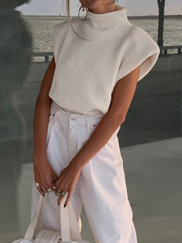 Sweaters- Solid Knitted Turtleneck Dolman Cap Sleeve Sweater Top- - Pekosa Women Clothing