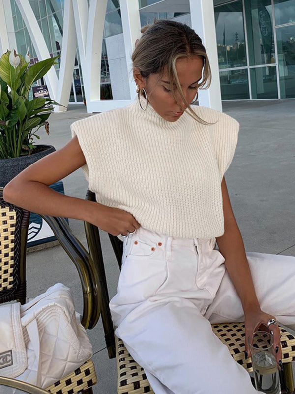 Sweaters- Solid Knitted Turtleneck Dolman Cap Sleeve Sweater Top- - Pekosa Women Clothing