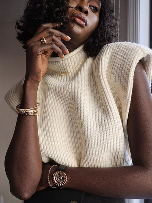 Sweaters- Solid Knitted Turtleneck Dolman Cap Sleeve Sweater Top- - Pekosa Women Clothing