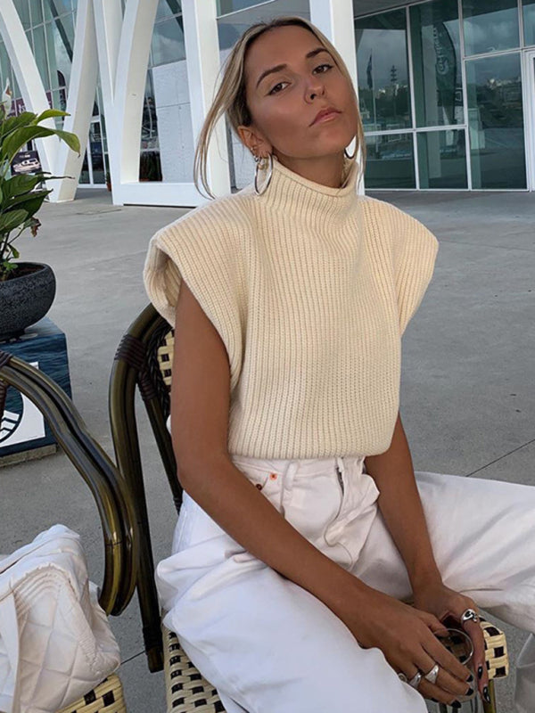 Sweaters- Solid Knitted Turtleneck Dolman Cap Sleeve Sweater Top- - Pekosa Women Clothing