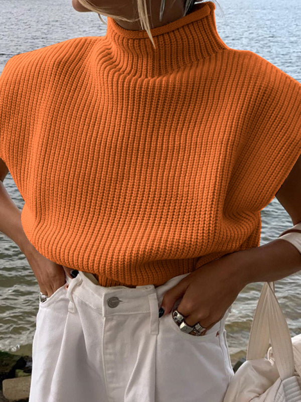 Sweaters- Solid Knitted Turtleneck Dolman Cap Sleeve Sweater Top- Orange- Pekosa Women Clothing