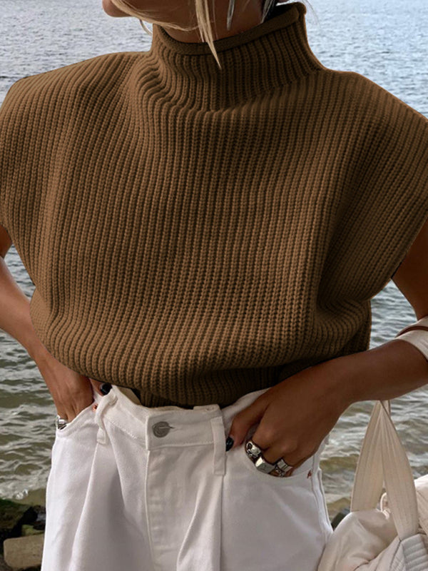 Sweaters- Solid Knitted Turtleneck Dolman Cap Sleeve Sweater Top- Dark Brown- Pekosa Women Clothing