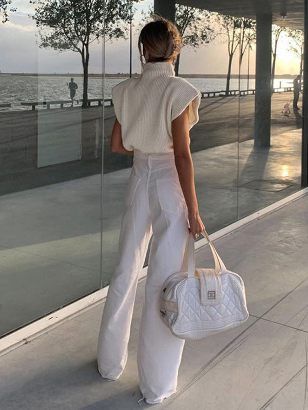 Sweaters- Solid Knitted Turtleneck Dolman Cap Sleeve Sweater Top- - Pekosa Women Clothing