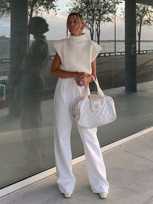 Sweaters- Solid Knitted Turtleneck Dolman Cap Sleeve Sweater Top- - Pekosa Women Clothing