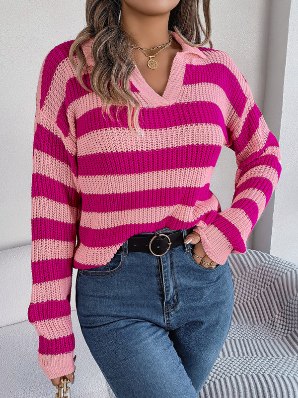 Sweaters- Stripe Knitted Drop Shoulder Shirt Sweater- - Pekosa Women Clothing