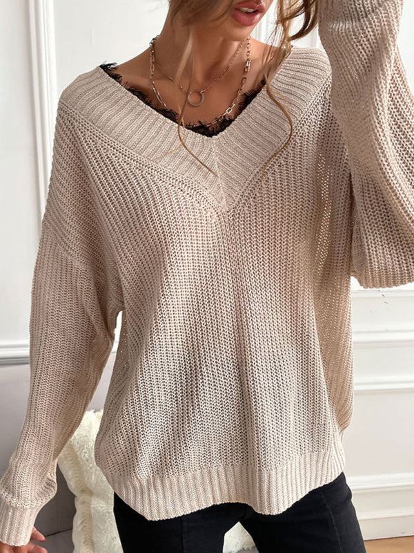 Sweaters- Waffle Knit Wide Double V-Neck Drop Shoulder Sweater- - Pekosa Women Clothing