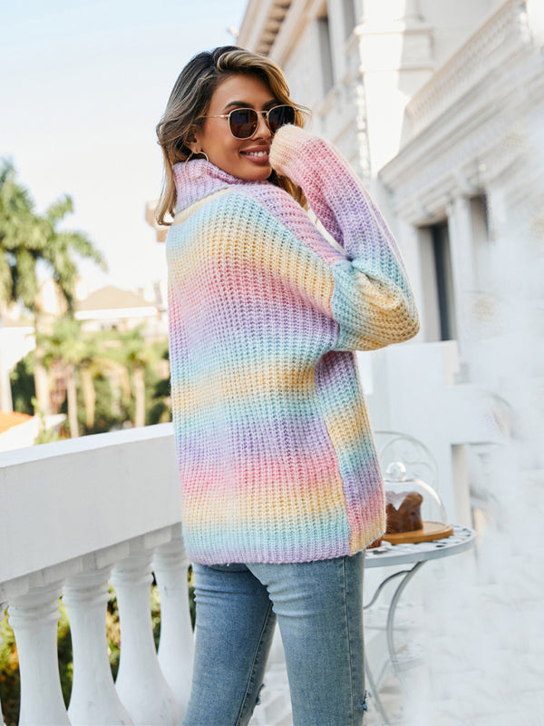 Sweaters- Waffle Knitted Rainbow Turtle Neck Sweater- - Pekosa Women Clothing