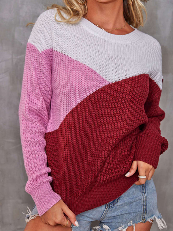 Sweaters- Warmth in Blocks Cozy Color Block Knit Sweater Jumper- Wine Red- Pekosa Women Clothing