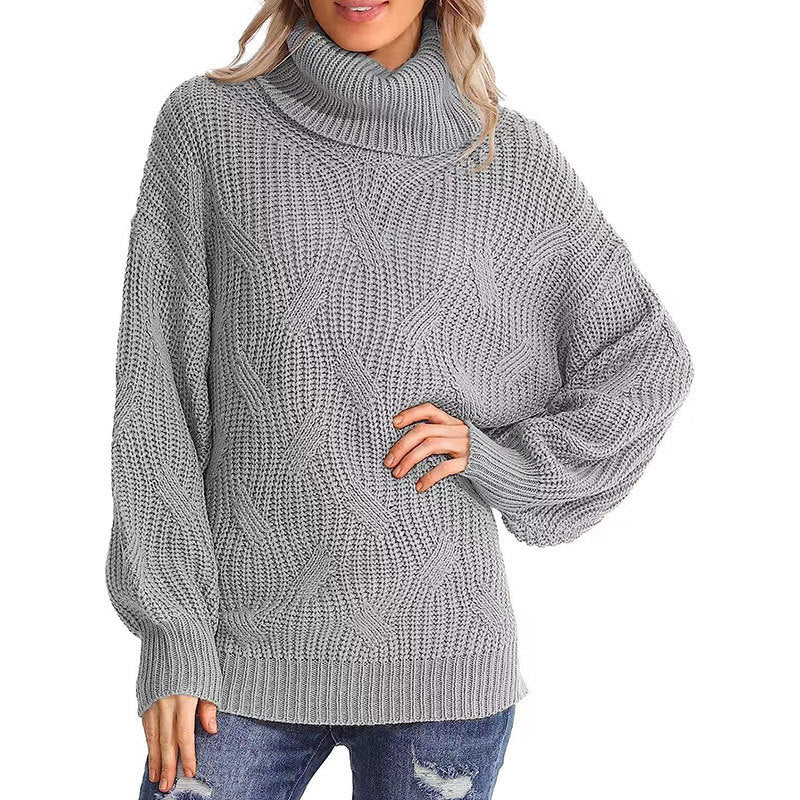 Sweaters- Winter Chunky Knit Cozy Turtleneck Sweater Jumper- Grey- Pekosa Women Clothing