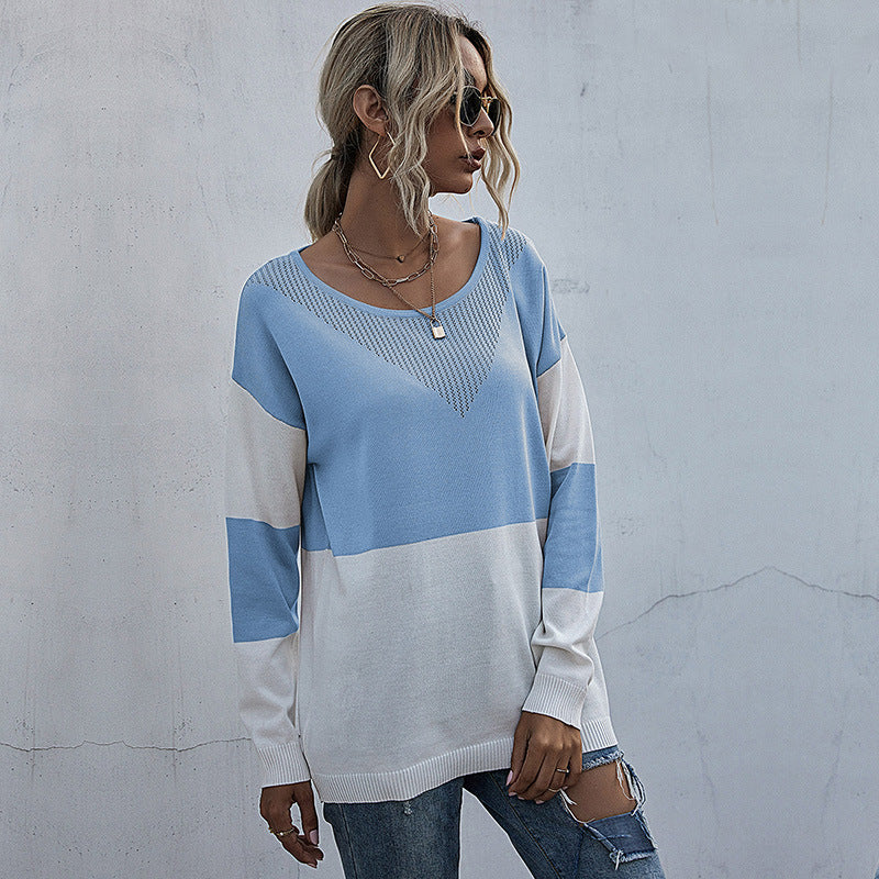 Sweaters- Women's Fall Winter Sweater: Cozy Knit, See-through, Ribbed Trim- Sky Blue- Pekosa Women Clothing