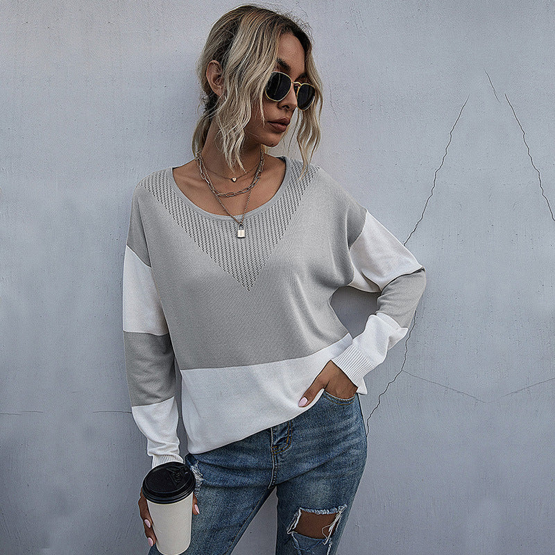 Sweaters- Women's Fall Winter Sweater: Cozy Knit, See-through, Ribbed Trim- Grey- Pekosa Women Clothing