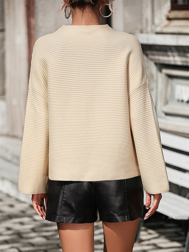 Sweaters- Women's Modern Ribbed Crop Sweater - High Collar Knitwear Pullover- - Pekosa Women Clothing