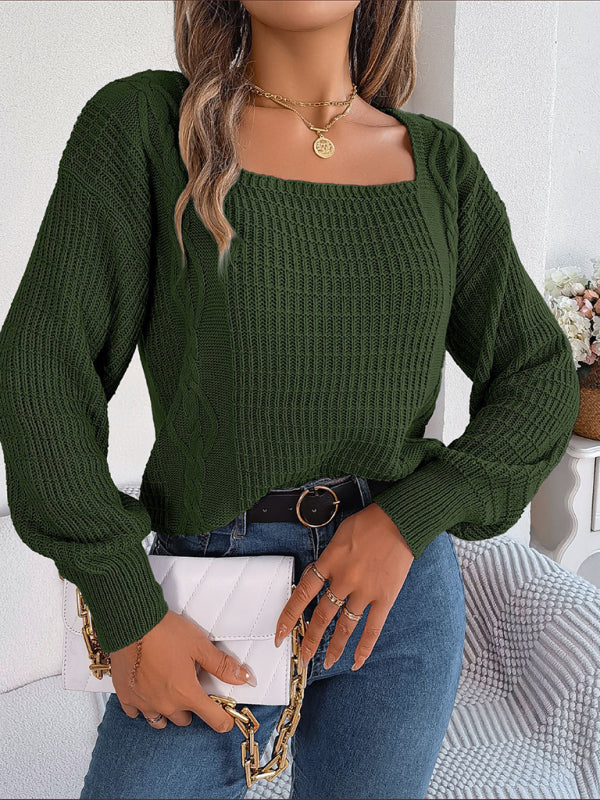 Sweaters- Wool Lantern Sleeve Sweater - Square Neck, Cable Knit Accents Knitwear- Olive green- Pekosa Women Clothing