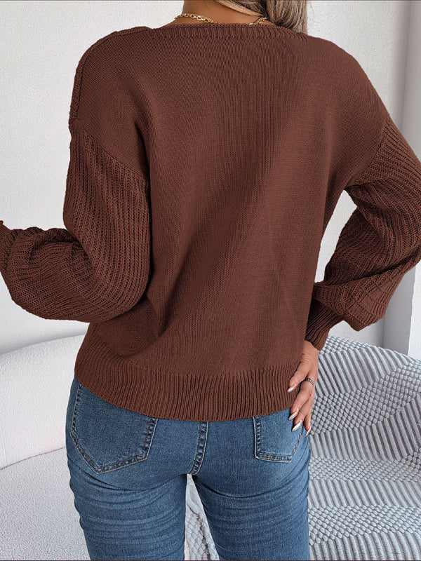 Sweaters- Wool Lantern Sleeve Sweater - Square Neck, Cable Knit Accents Knitwear- - Pekosa Women Clothing