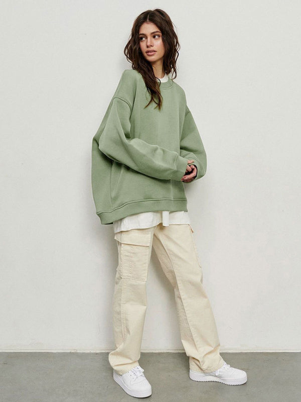 Sweatshirts- Everyday Lounge Wear Cozy Fleece Sweatshirt - Oversized Slouchy Pullover- - Pekosa Women Clothing