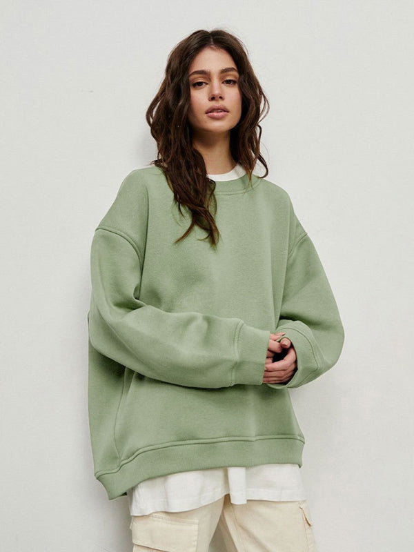 Sweatshirts- Everyday Lounge Wear Cozy Fleece Sweatshirt - Oversized Slouchy Pullover- Green- Pekosa Women Clothing