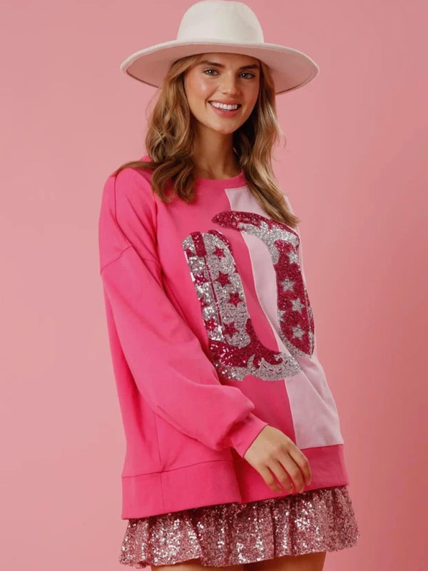 Sweatshirts- Girls' Pink Festive Color-Block Sparkle Sweatshirt- - Pekosa Women Clothing