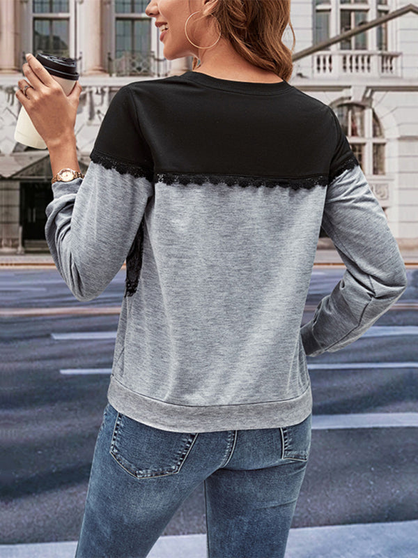 Sweatshirts- Lace Accents Sweatshirt - Colorblock Top- - Pekosa Women Clothing