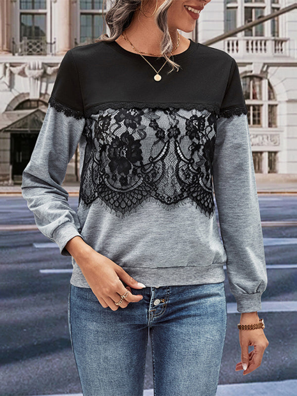 Sweatshirts- Lace Accents Sweatshirt - Colorblock Top- - Pekosa Women Clothing