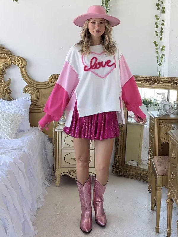 Sweatshirts- Love & Sparkle Pink Patchwork Oversized Sweatshirt- - Pekosa Women Clothing