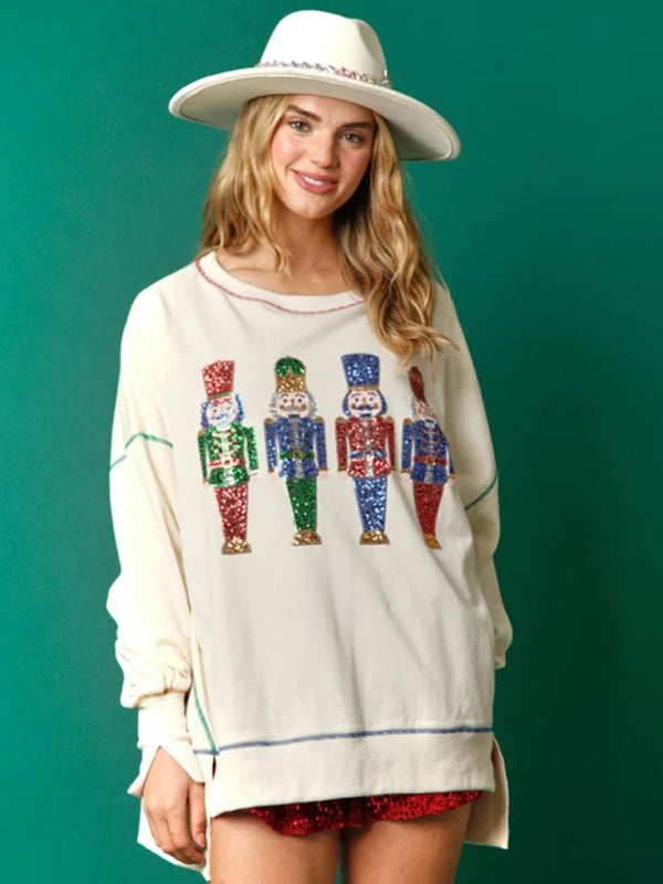 Sweatshirts- Sequined Xmas Pullover for Thanksgiving - Oversized Sweatshirt- White- Pekosa Women Clothing
