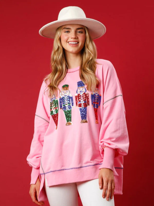 Sweatshirts- Sequined Xmas Pullover for Thanksgiving - Oversized Sweatshirt- Pink- Pekosa Women Clothing