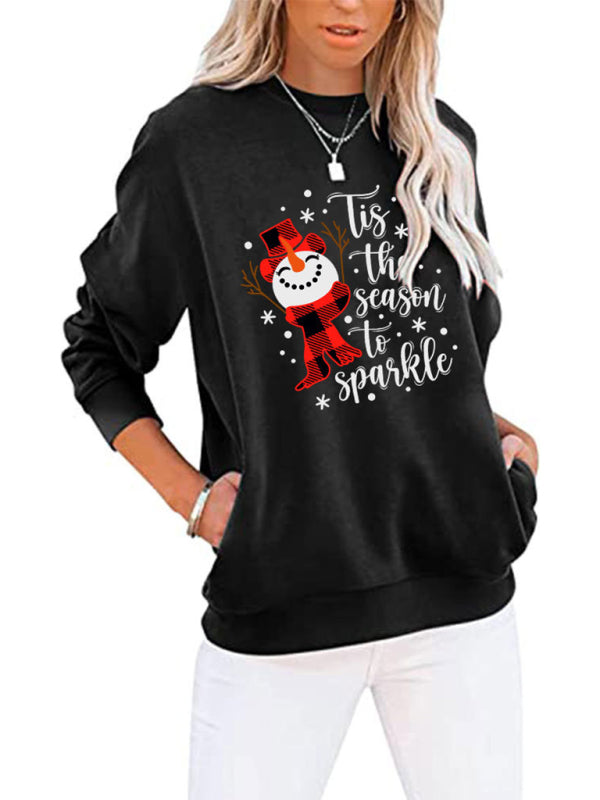 Sweatshirts- Snowman Xmas Cotton Christmas Pullover Sweatshirt with Pockets- Pattern- Pekosa Women Clothing