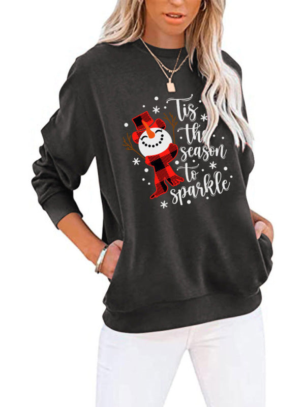 Sweatshirts- Snowman Xmas Cotton Christmas Pullover Sweatshirt with Pockets- - Pekosa Women Clothing