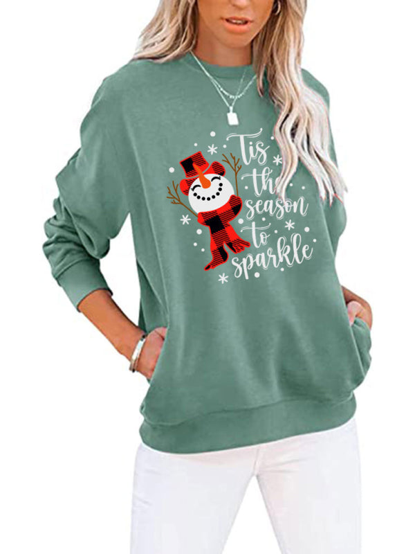 Sweatshirts- Snowman Xmas Cotton Christmas Pullover Sweatshirt with Pockets- Pattern2- Pekosa Women Clothing