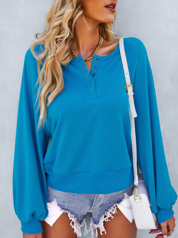 Sweatshirts- Solid Buttons Balloon Sleeve Sweatshirt Top- - Pekosa Women Clothing