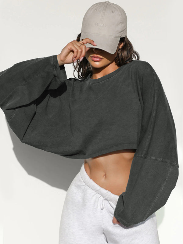 Sweatshirts- Sport Casual Oversized Crop Sweatshirt- Charcoal grey- Pekosa Women Clothing