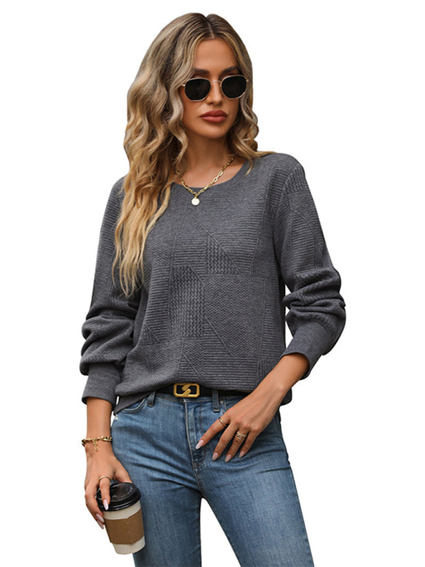 Sweatshirts- Textured Round Neck Lantern Sleeve T-Shirt Sweatshirt- - Pekosa Women Clothing