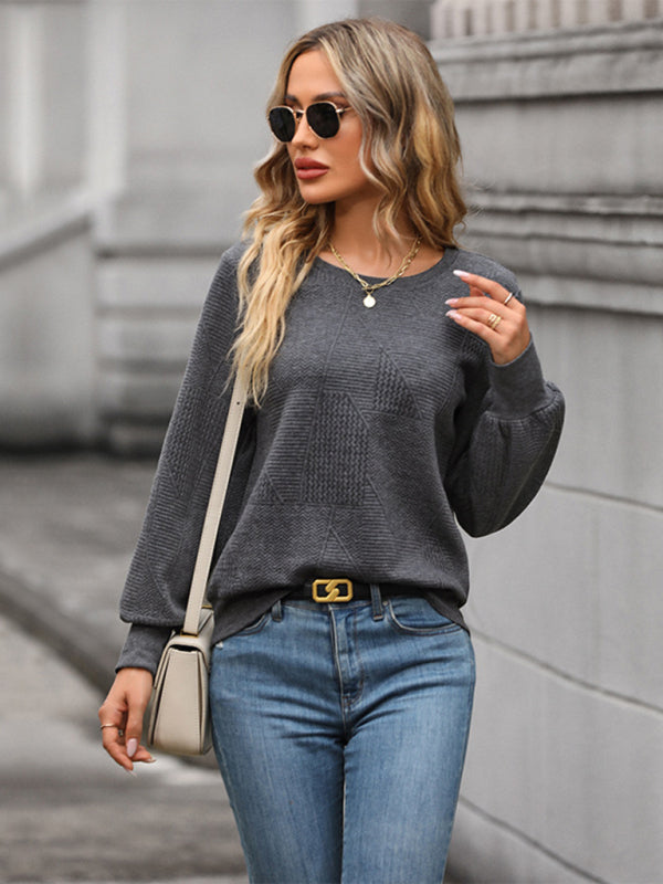 Sweatshirts- Textured Round Neck Lantern Sleeve T-Shirt Sweatshirt- - Pekosa Women Clothing