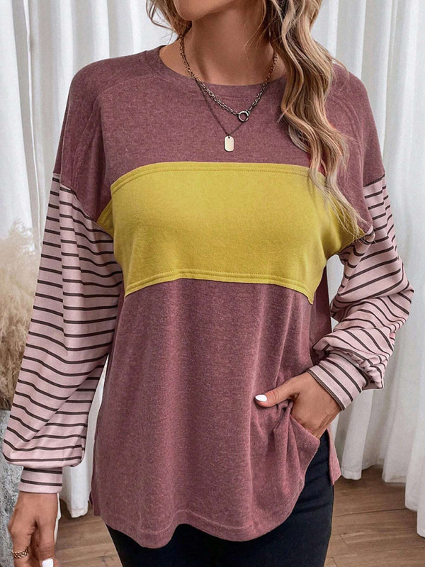 Sweatshrits- Stripe Pullover | Sport Color Block Long Sleeve Top- Pink- Pekosa Women Clothing