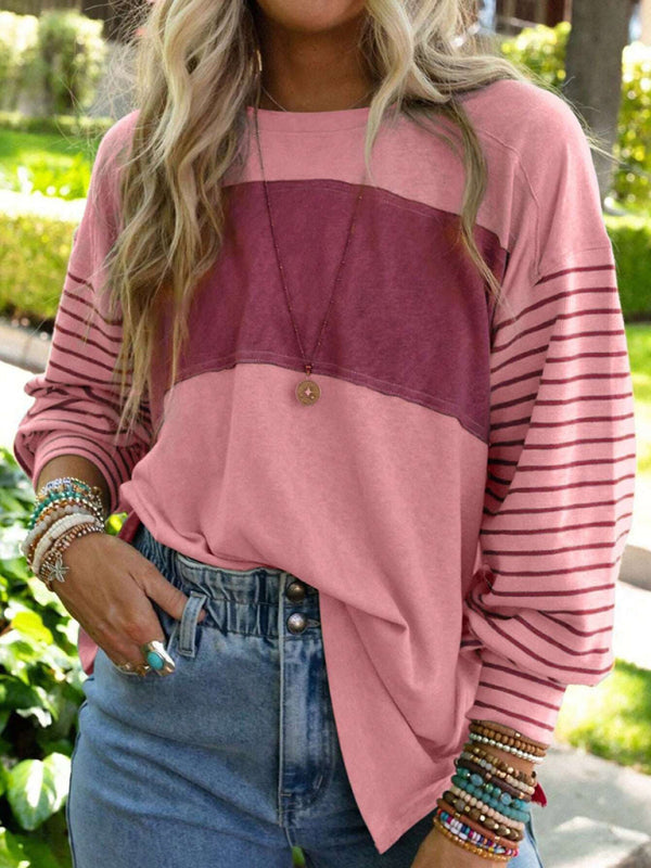 Sweatshrits- Stripe Pullover | Sport Color Block Long Sleeve Top- Wine Red- Pekosa Women Clothing
