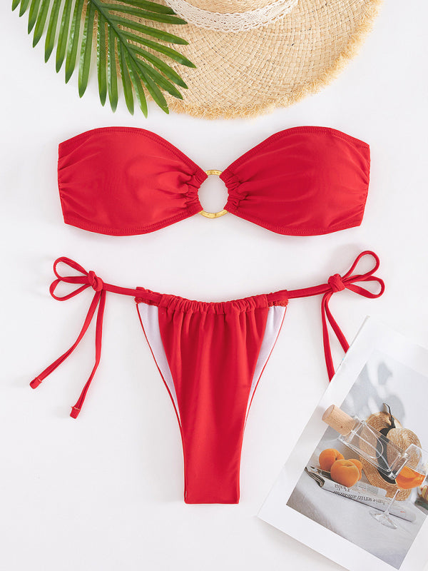 Swimsuits- 2-Piece Bikini Swimwear with Wireless Bandeau Bra and Tie-Side Thong- - Pekosa Women Clothing